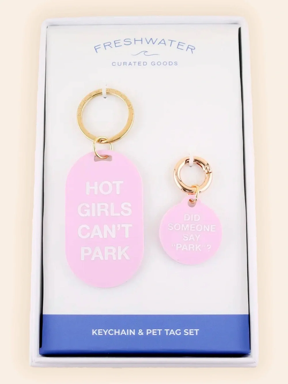 New in Box Pink 'Hot Girls Can't Park' Keychain & Dog Tag Set